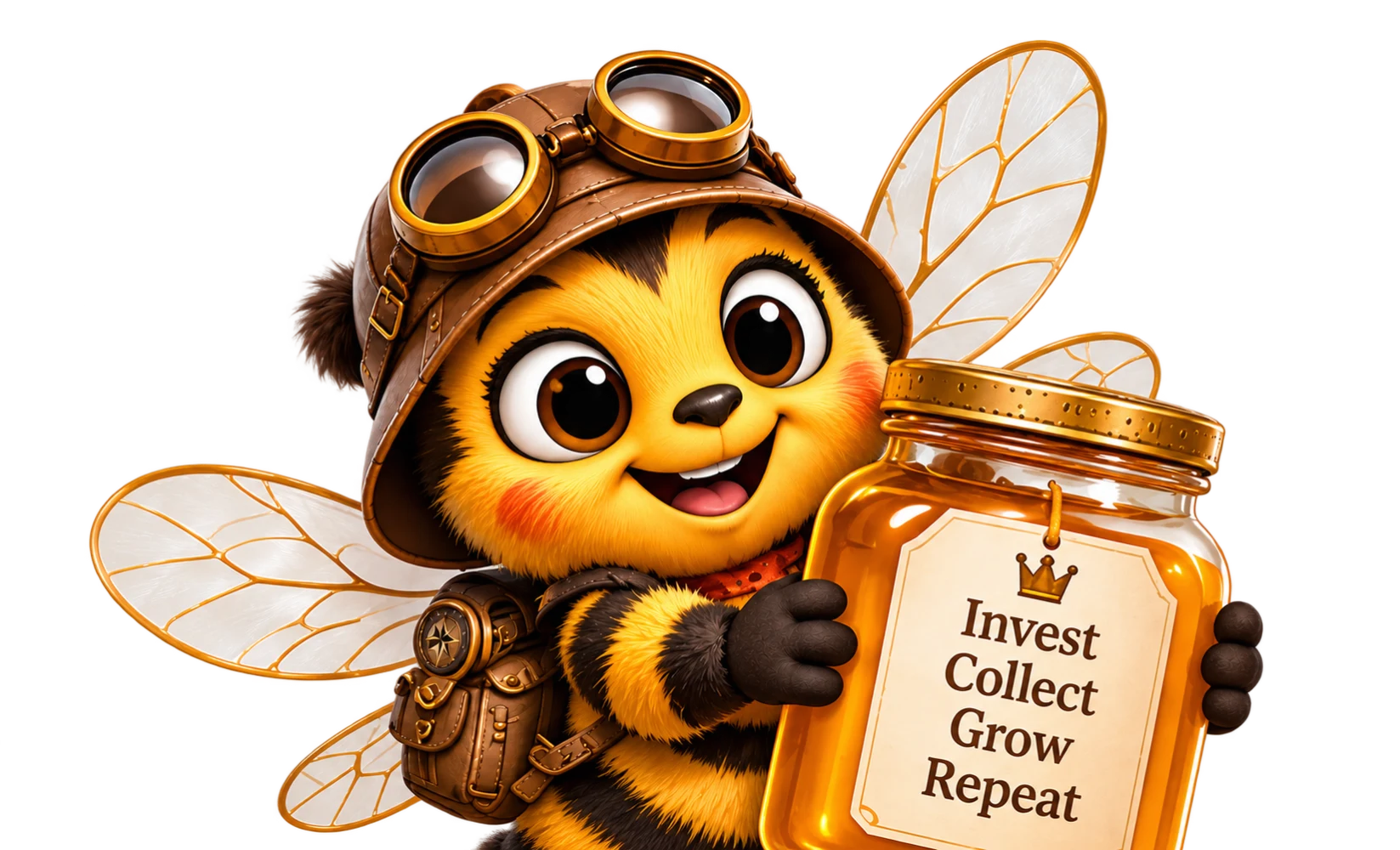 A cheerful Bee Explorer holding a honey jar representing growing investments