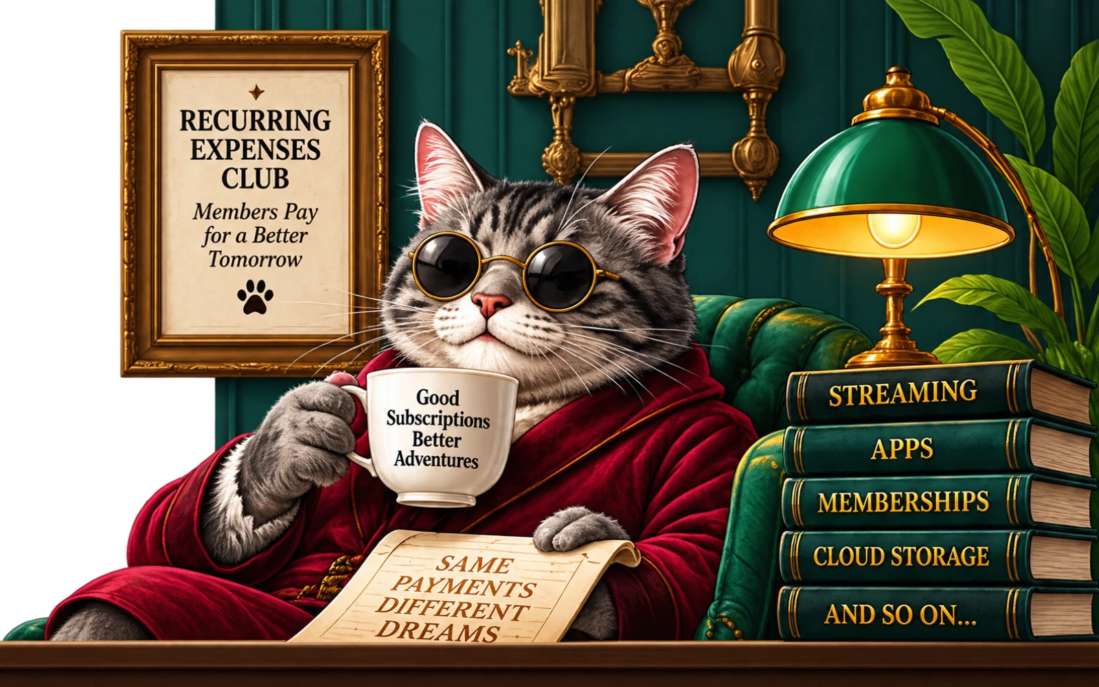 A distinguished cat representing the Society of Recurring Expenses