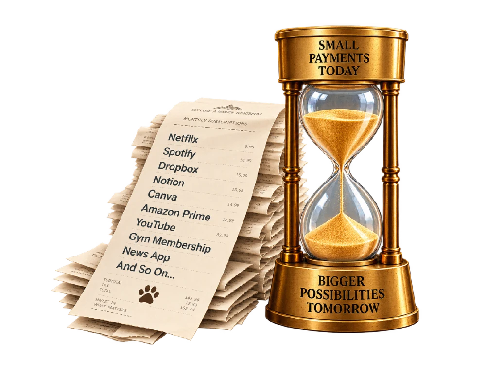 A long collection of subscription receipts beside an hourglass