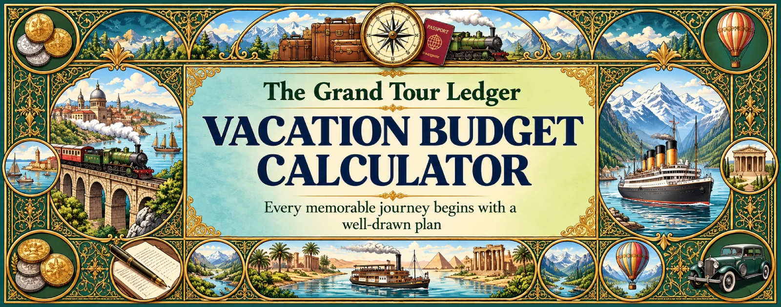 The Grand Tour Ledger — Vacation Budget Calculator, illustrated with classic trains, ships, luggage and grand travel destinations.